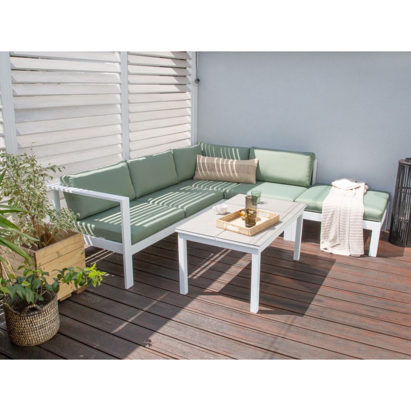 Narożnik ogrodowy ze stolikiem dla 5 osób MESSINA Lewostronny Metal Zielony