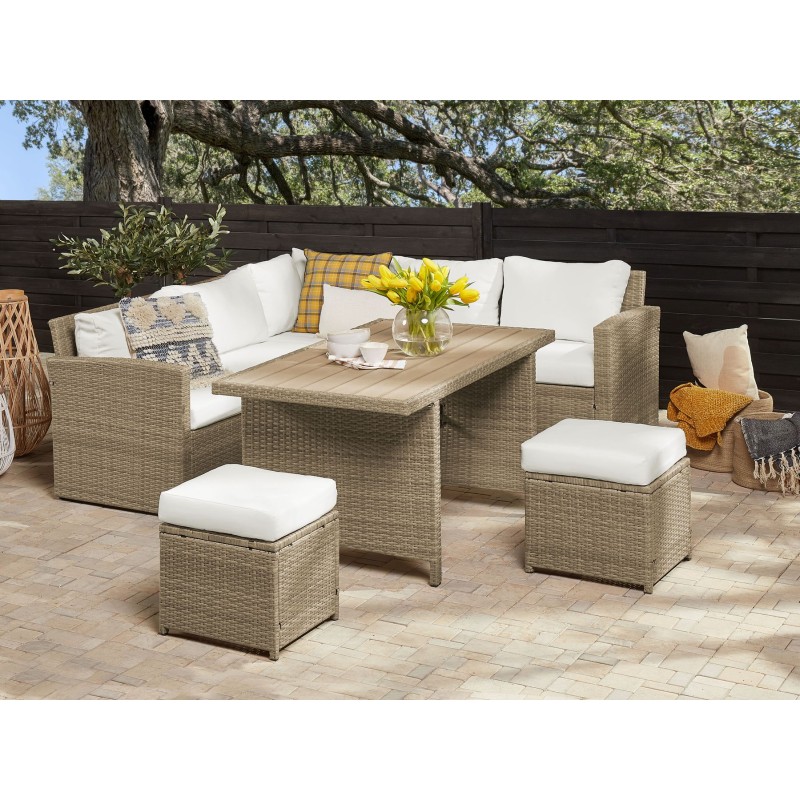 Zestaw ogrodowy ze stolikiem i otomaną dla 5 osób BARDI z poduszkami Technorattan Brązowy