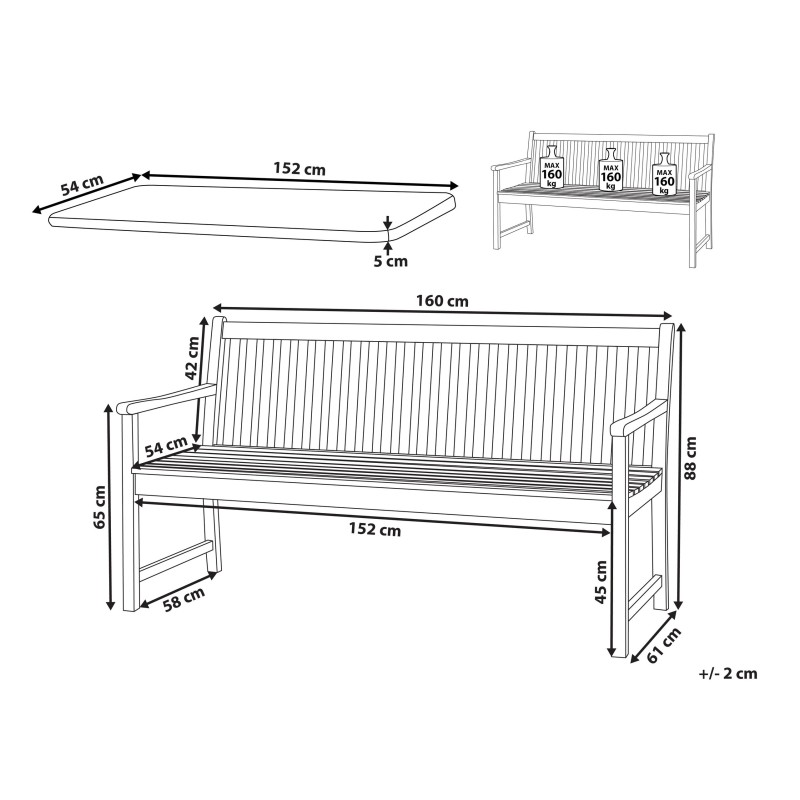 Ławka ogrodowa z poduchą VIVARA 160 cm Certyfikowane drewno akacjowe Bordowy