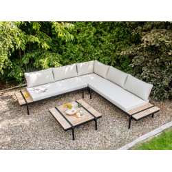 Narożnik ogrodowy ze stolikiem dla 5 osób BELLARIVA Drewno eukaliptusowe Złamana biel