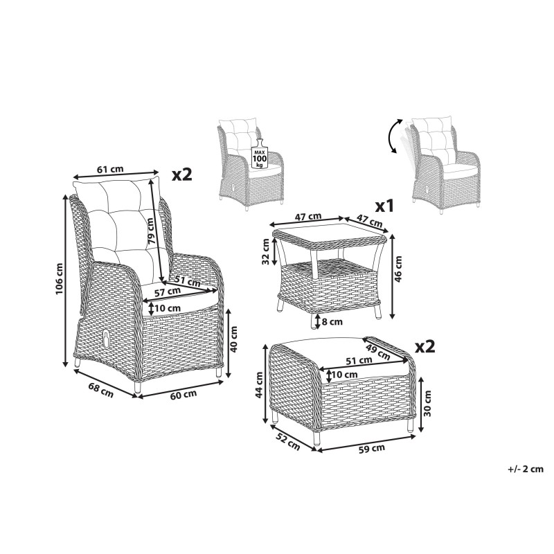 Zestaw ogrodowy ze stolikiem i otomaną dla 2 osób PONZA Technorattan Beżowy