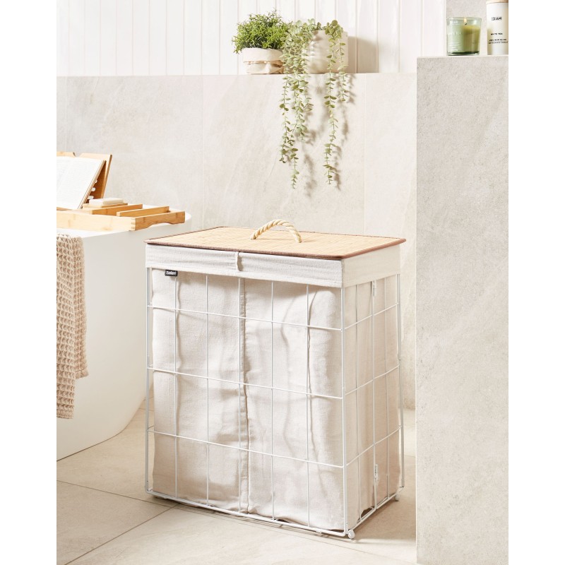 Kosz metalowy z bambusową pokrywą biały MIRISSA