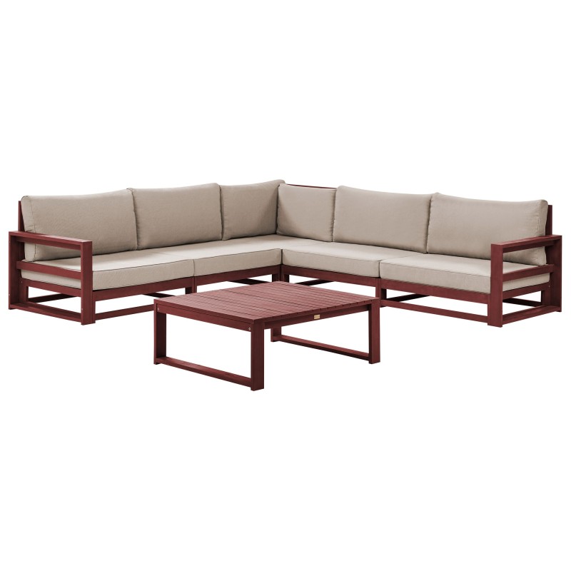 Narożnik ogrodowy ze stolikiem dla 5 osób TIMOR Modułowy Drewno akacjowe Bordowy Szary Beżowy