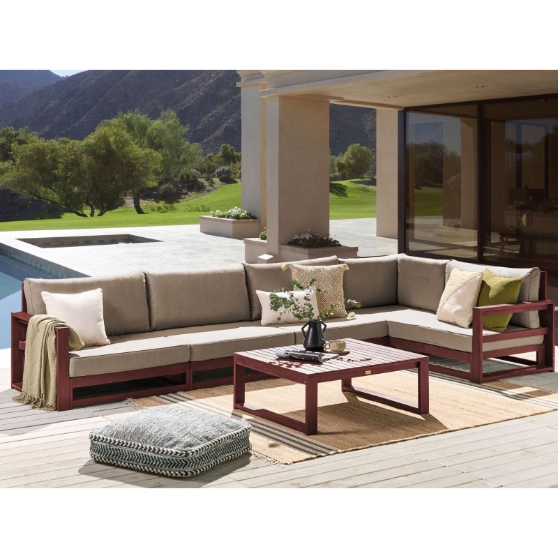 Narożnik ogrodowy ze stolikiem dla 5 osób TIMOR Modułowy Drewno akacjowe Bordowy Szary Beżowy