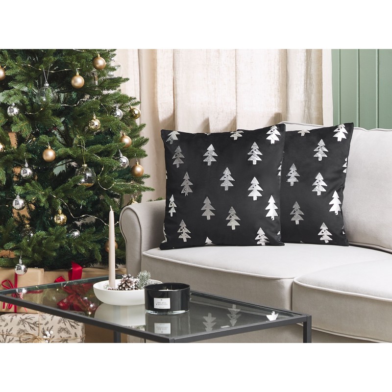Zestaw 2 poduszek dekoracyjnych CUPID Welur 45 x 45 cm Czarny Wzór świąteczny