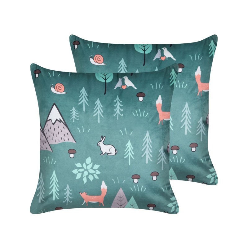 2 welurowe poduszki dekoracyjne dla dzieci z motywem lasu 45 x 45 cm miętowe FOOTHILL