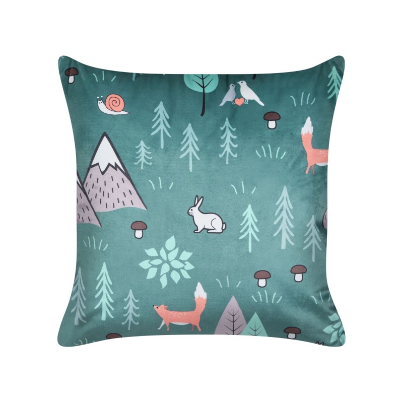 2 welurowe poduszki dekoracyjne dla dzieci z motywem lasu 45 x 45 cm miętowe FOOTHILL