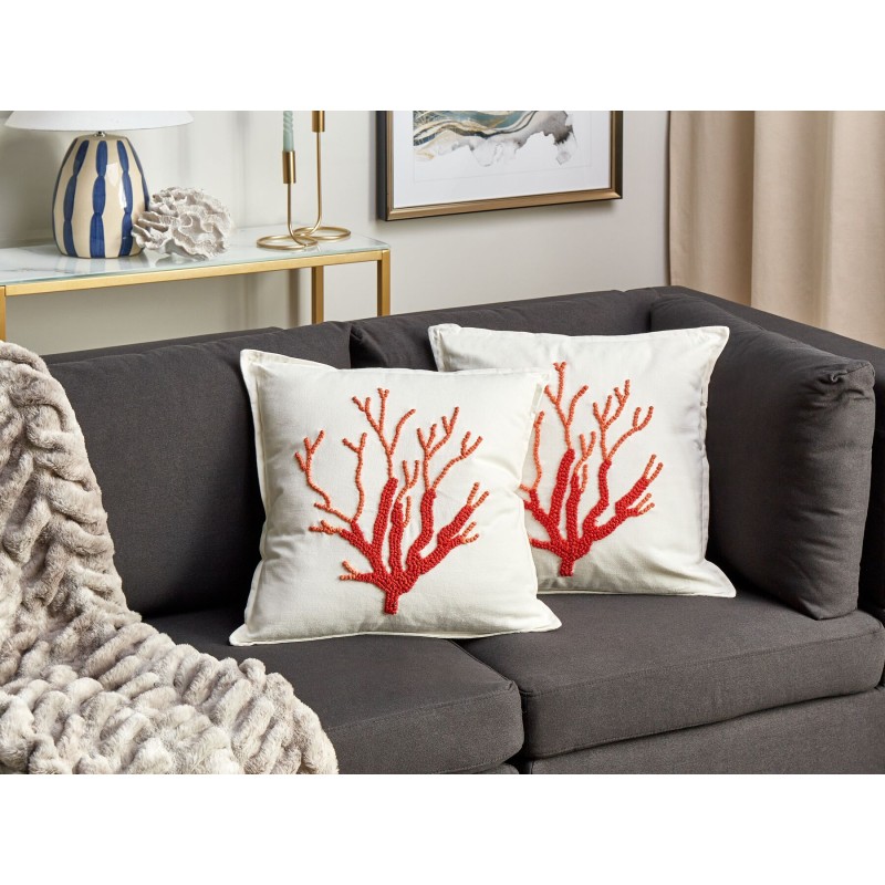 Zestaw 2 poduszek dekoracyjnych CORALIUM Bawełna 45 x 45 cm Biały Wzór roślinny