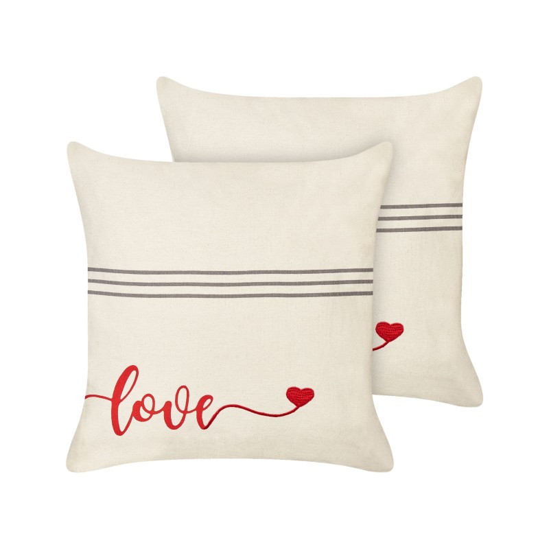 Zestaw 2 poduszek dekoracyjnych PLUMERIA Bawełna 45 x 45 cm Beżowy Z napisami