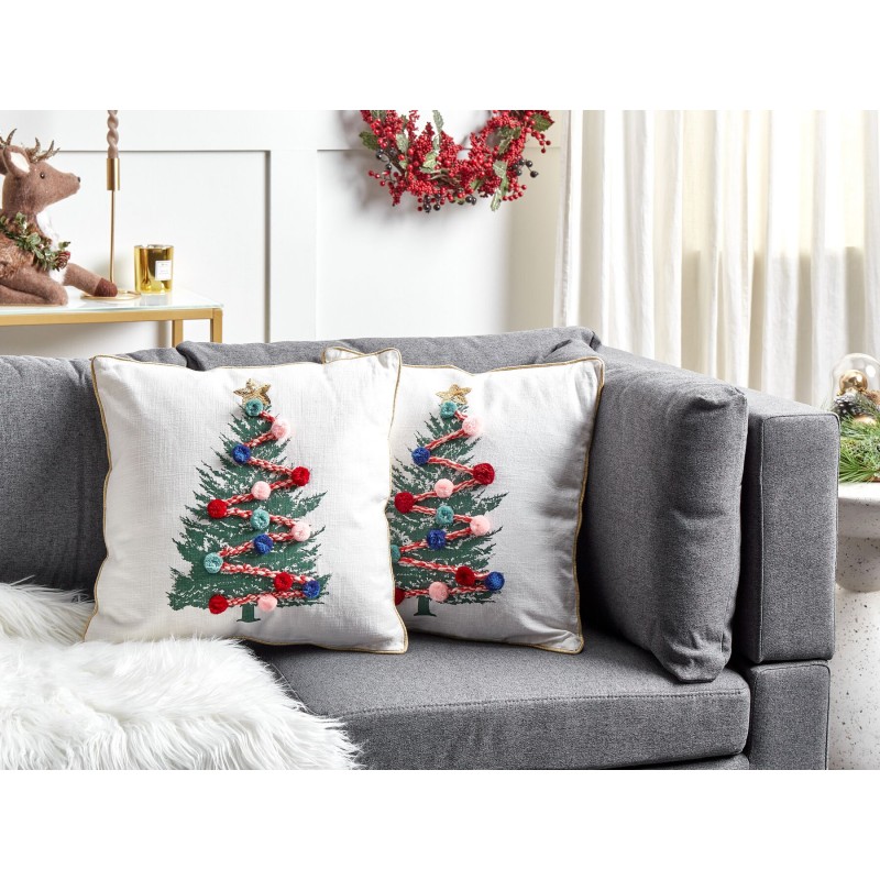 Zestaw 2 poduszek dekoracyjnych EPISCIA Bawełna 45 x 45 cm Biały Wzór świąteczny