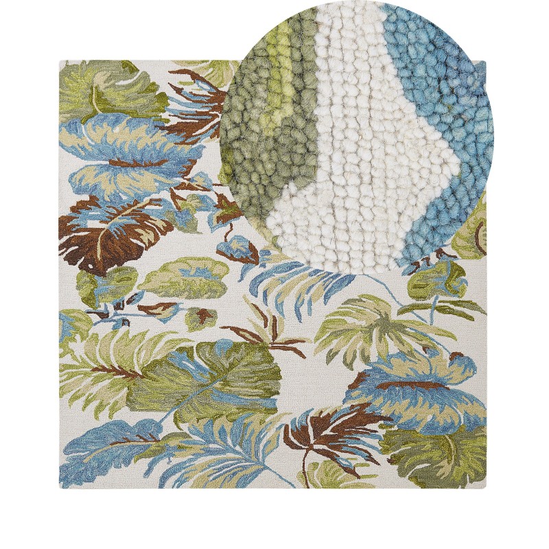 Dywan wełniany z motywem liści 200 x 200 cm wielokolorowy KINIK