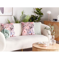 Zestaw 2 poduszek dekoracyjnych ANEMONES Welur 45 x 45 cm Pastelowy róż Wzór kwiatowy