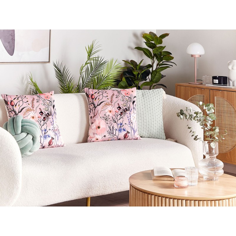 Zestaw 2 poduszek dekoracyjnych ANEMONES Welur 45 x 45 cm Pastelowy róż Wzór kwiatowy