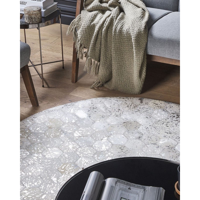 Dywan patchworkowy okrągły skórzany ⌀ 140 cm srebrny BOZKOY