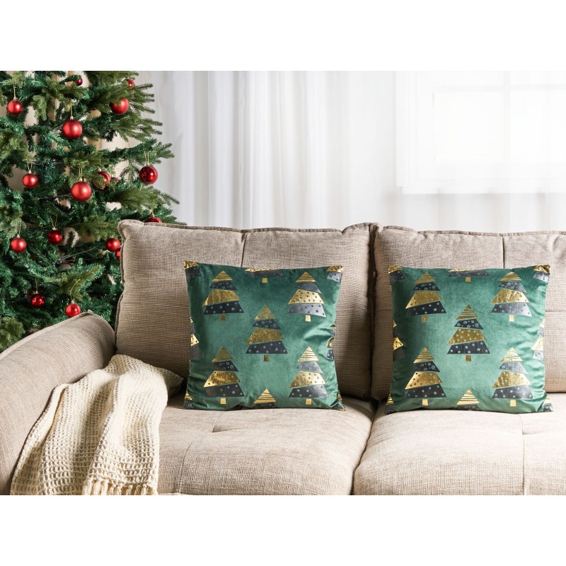 Zestaw 2 poduszek dekoracyjnych GOLDSPRUCE Welur 45 x 45 cm Zielony Wzór świąteczny
