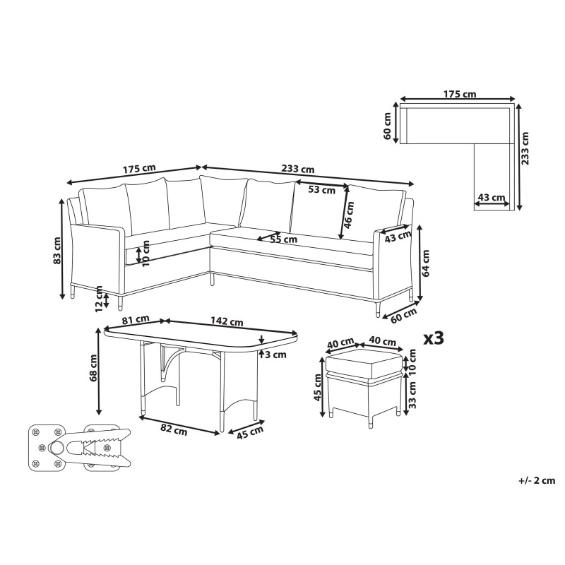 Zestaw ogrodowy ze stolikiem i otomaną dla 9 osób LACONA Prawostronny Technorattan Jasnoszary