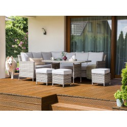 Zestaw ogrodowy ze stolikiem i otomaną dla 9 osób LACONA Prawostronny Technorattan Jasnoszary