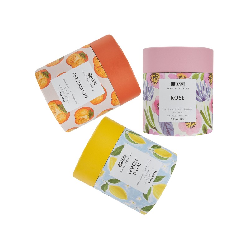 Zestaw 3 świeczek zapachowych COLORFUL BARREL Wosk sojowy Nuty orientalne Nuty ziołowe Nuty kwiatowe