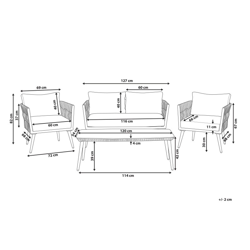 Zestaw ogrodowy ze stolikiem dla 4 osób PREVEZA Technorattan Szary