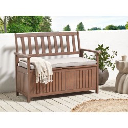 Ławka ogrodowa z poduchą SOVANA 120 cm ze schowkiem Drewno akacjowe Jasnoszary