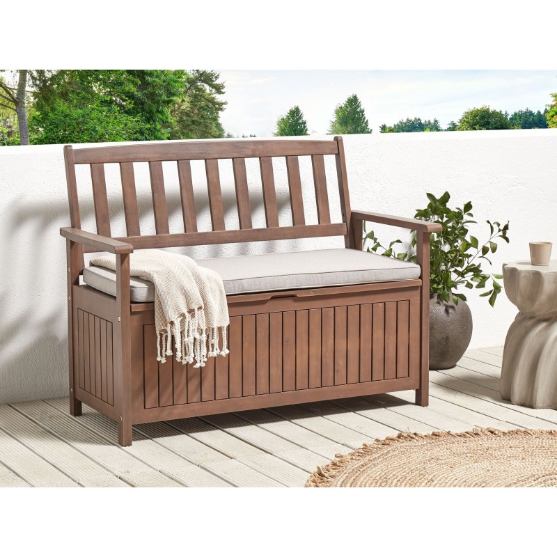 Ławka ogrodowa z poduchą SOVANA 120 cm ze schowkiem Drewno akacjowe Jasnoszary