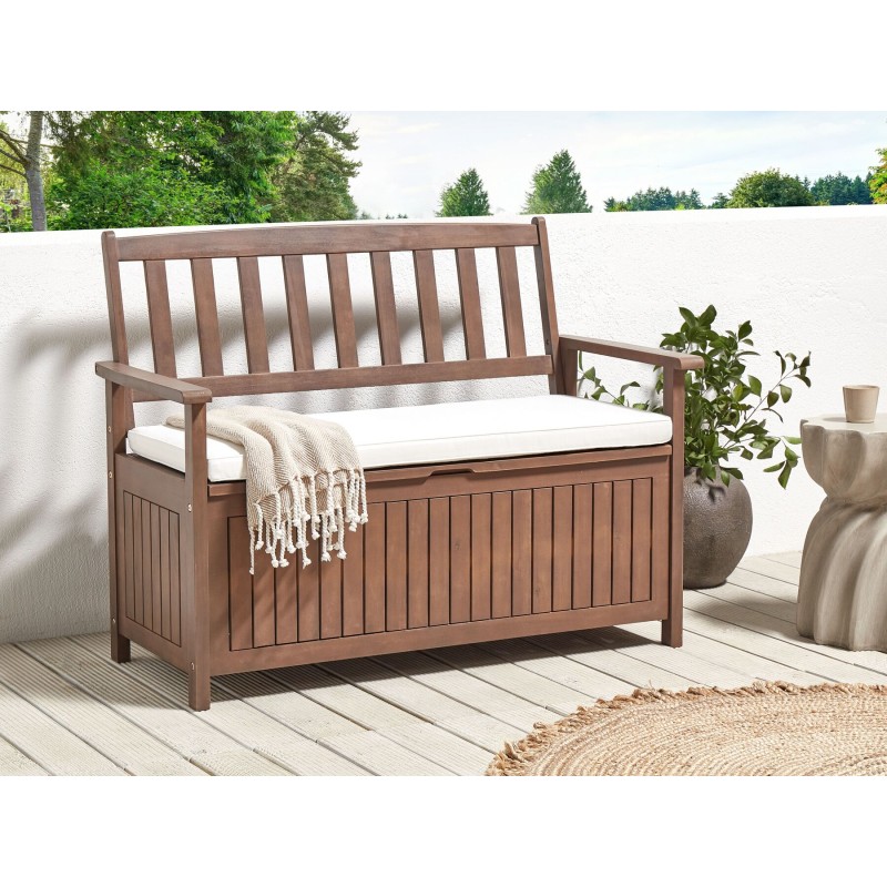 Ławka ogrodowa z poduchą SOVANA 120 cm ze schowkiem Drewno akacjowe Biały