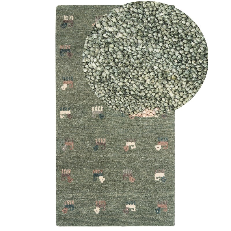 Dywan wełniany gabbeh ze wzorem w zwierzęta 80 x 150 cm zielony KIZARLI