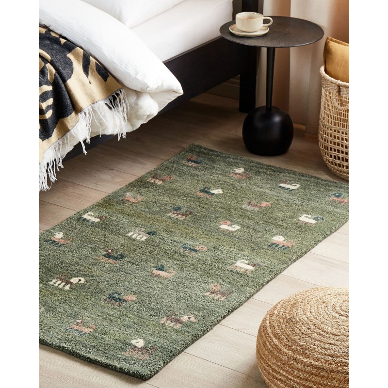 Dywan wełniany gabbeh ze wzorem w zwierzęta 80 x 150 cm zielony KIZARLI