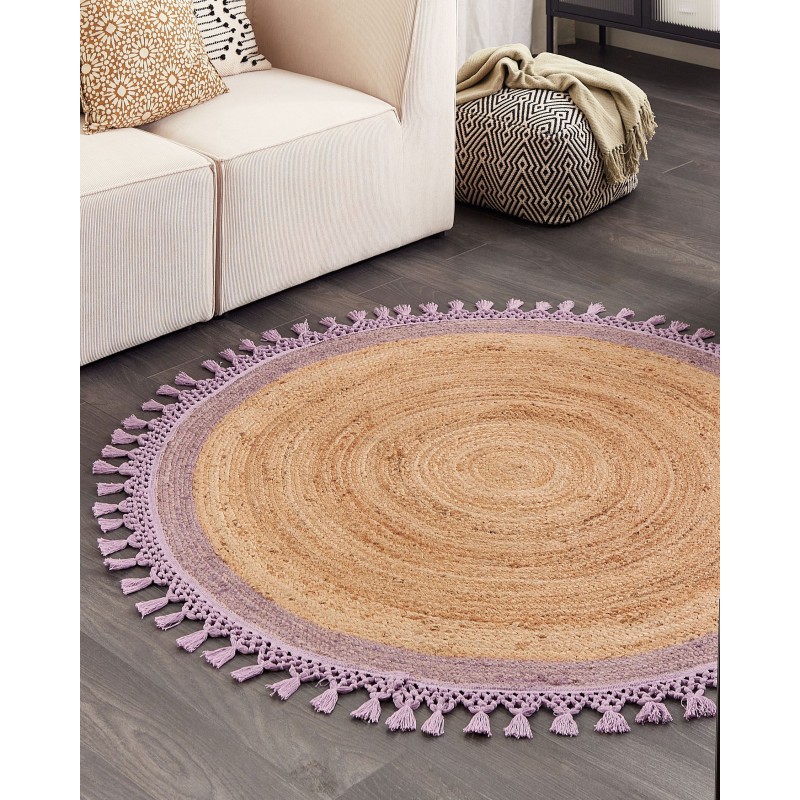Dywan okrągły z juty ⌀ 140 cm beżowy z purpurowym MARTS