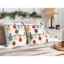 Zestaw 2 poduszek dekoracyjnych PALMIER Welur 45 x 45 cm Złamana biel Wzór świąteczny