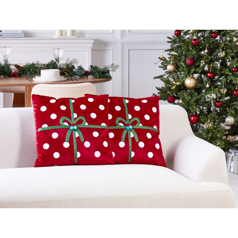 Zestaw 2 poduszek dekoracyjnych GUMDROP Welur 45 x 45 cm Czerwony Wzór świąteczny
