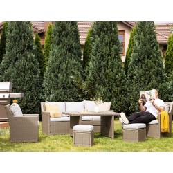 Zestaw ogrodowy ze stolikiem i otomaną dla 5 osób FONTI z poduszkami Technorattan Beżowoszary
