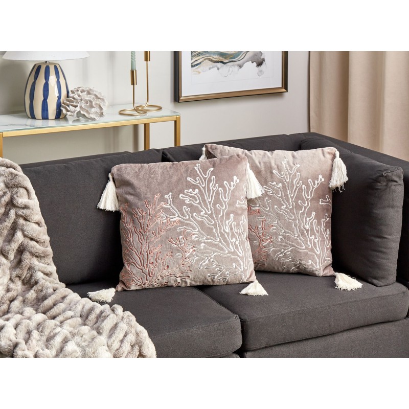 Zestaw 2 poduszek dekoracyjnych MAZZAELLA Welur 45 x 45 cm Beżowoszary Wzór roślinny