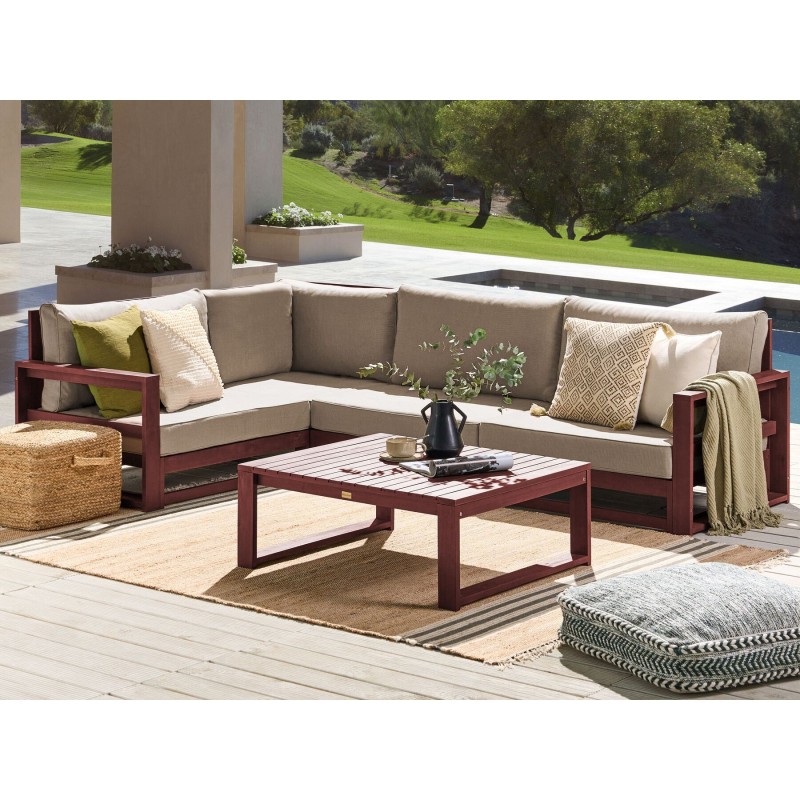 Narożnik ogrodowy ze stolikiem dla 4 osób TIMOR Prawostronny Modułowy Drewno akacjowe Bordowy