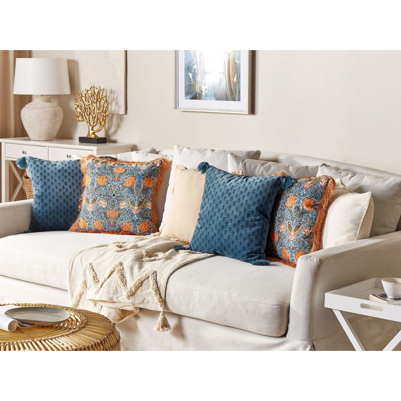 Poduszka dekoracyjna RIBES Welur 45 x 45 cm Ciemnoniebieski Wzór kwiatowy