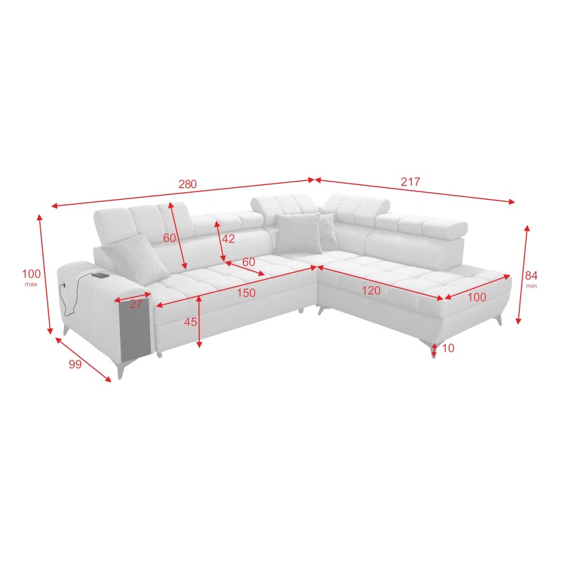 Ecksofa Venna VII mit Schlaffunktion, USB-Anschluss und öffnender Bar Plusch, Avra 17