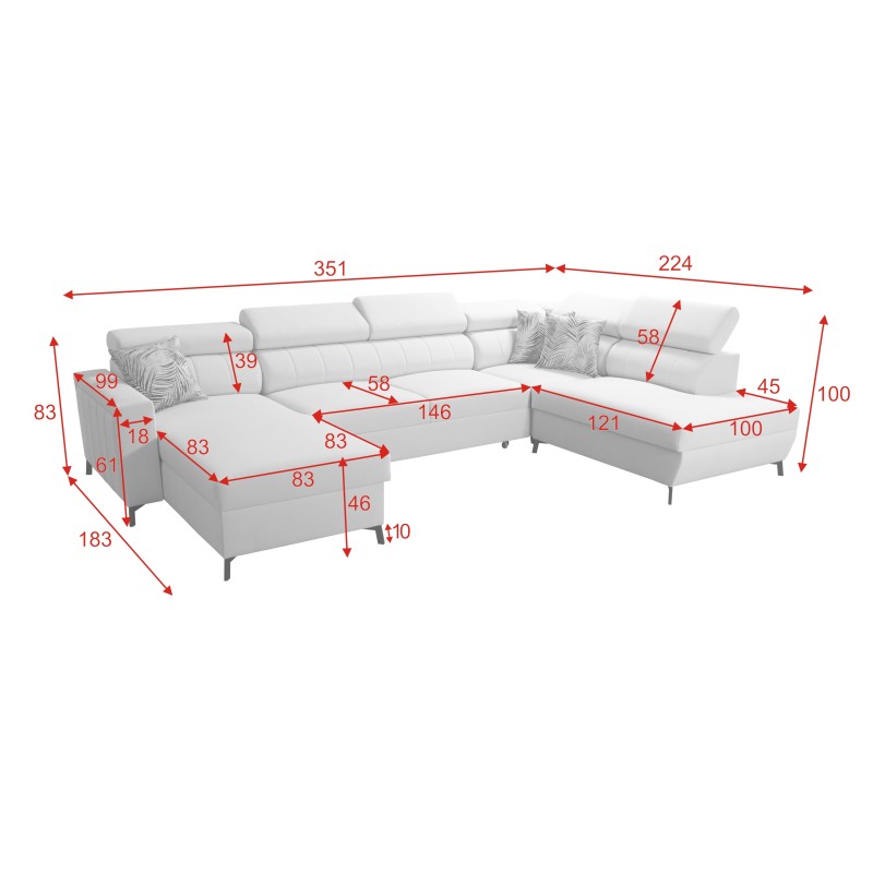 Elegant U-shaped Corner Sofa Arco VI with Sleeping Function - Velvet, Mono 244