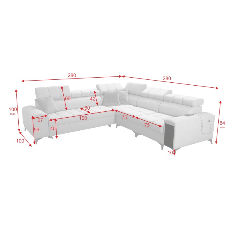 Venna III corner sofa with sleeping function, USB port, and opening bar - Plush, Avra 16
