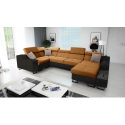 Sofá esquinero en forma de U Avanti IV Mini con función de cama, terciopelo Whisper 9 + ecopiel negra | Muebles para tu hogar.