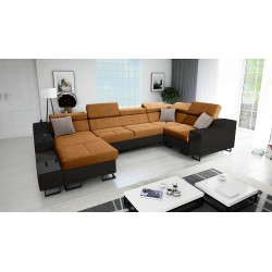 Sofá esquinero en forma de U Avanti IV Mini con función de cama, terciopelo Whisper 9 + ecopiel negra | Muebles para tu hogar.