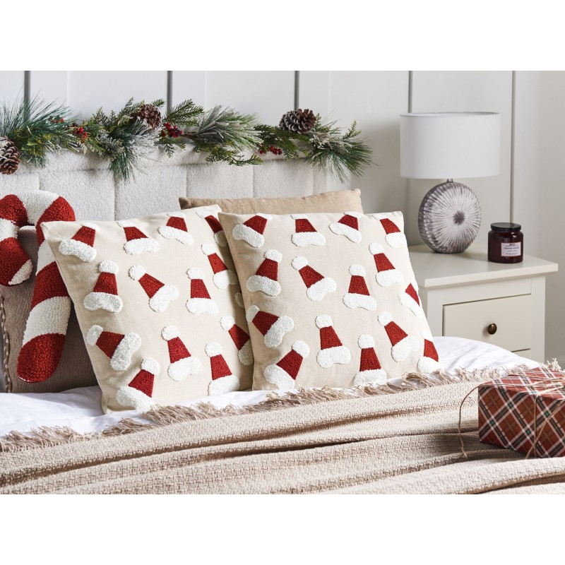 Zestaw 2 poduszek dekoracyjnych SUGARPLUM Bawełna 45 x 45 cm Jasnobeżowy Wzór świąteczny