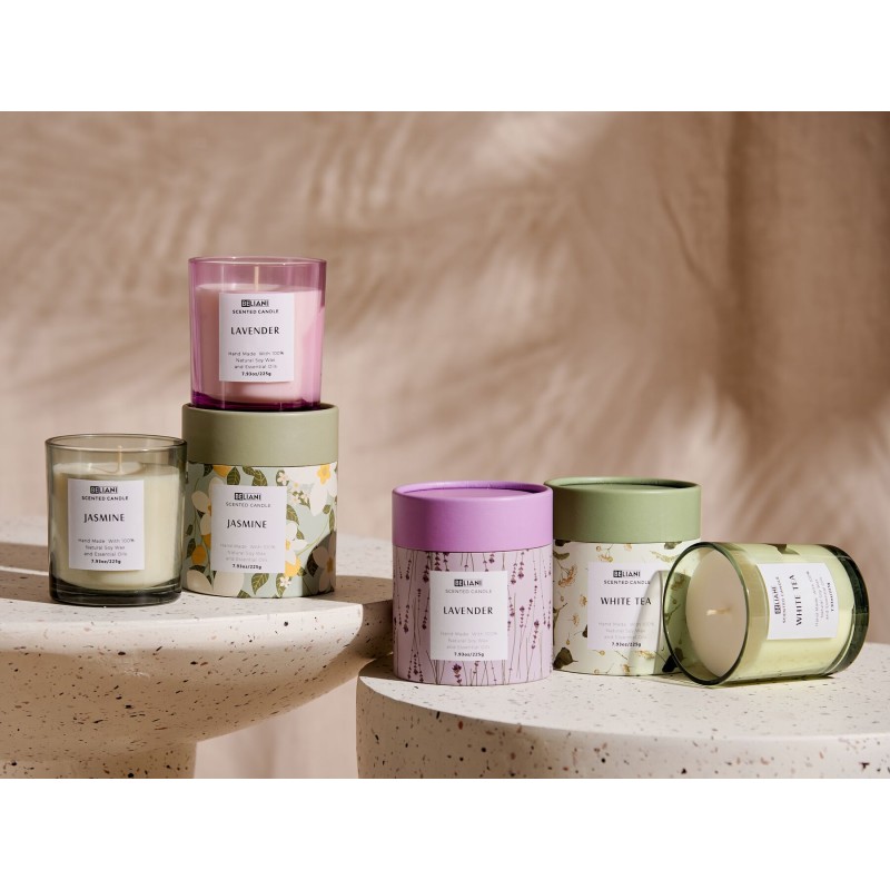 Zestaw 3 świeczek zapachowych COLORFUL BARREL Wosk sojowy Świeże nuty Nuty kwiatowe