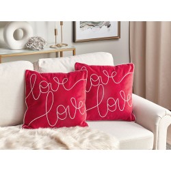 Zestaw 2 poduszek dekoracyjnych SIDERASIS Welur 45 x 45 cm Czerwony Z napisami