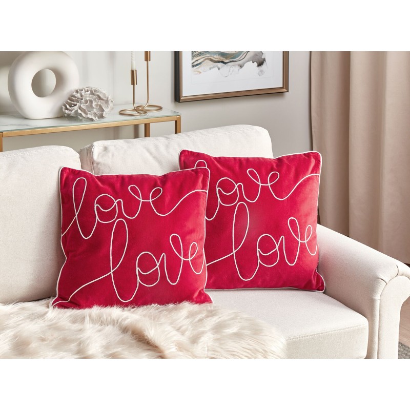 Zestaw 2 poduszek dekoracyjnych SIDERASIS Welur 45 x 45 cm Czerwony Z napisami