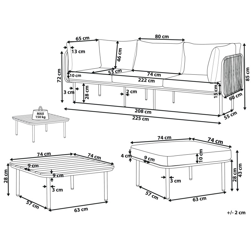 Zestaw ogrodowy ze stolikiem i otomaną dla 3 osób SENISE Metal Szary