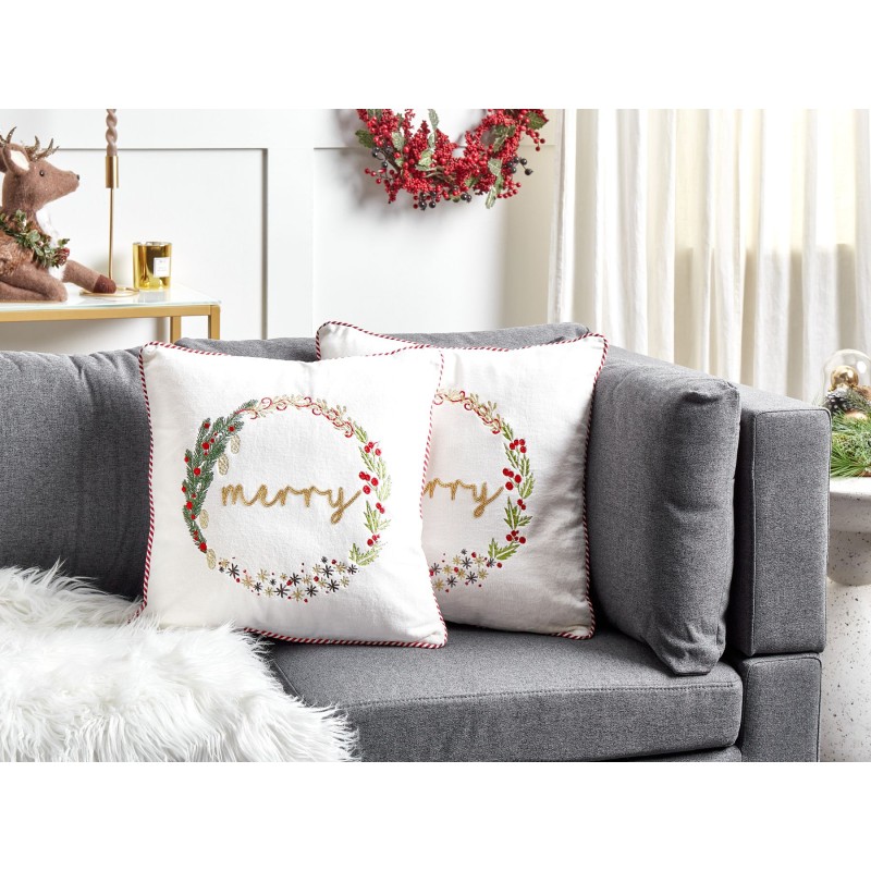 Zestaw 2 poduszek dekoracyjnych EUCHARIS Welur 45 x 45 cm Biały Wzór świąteczny