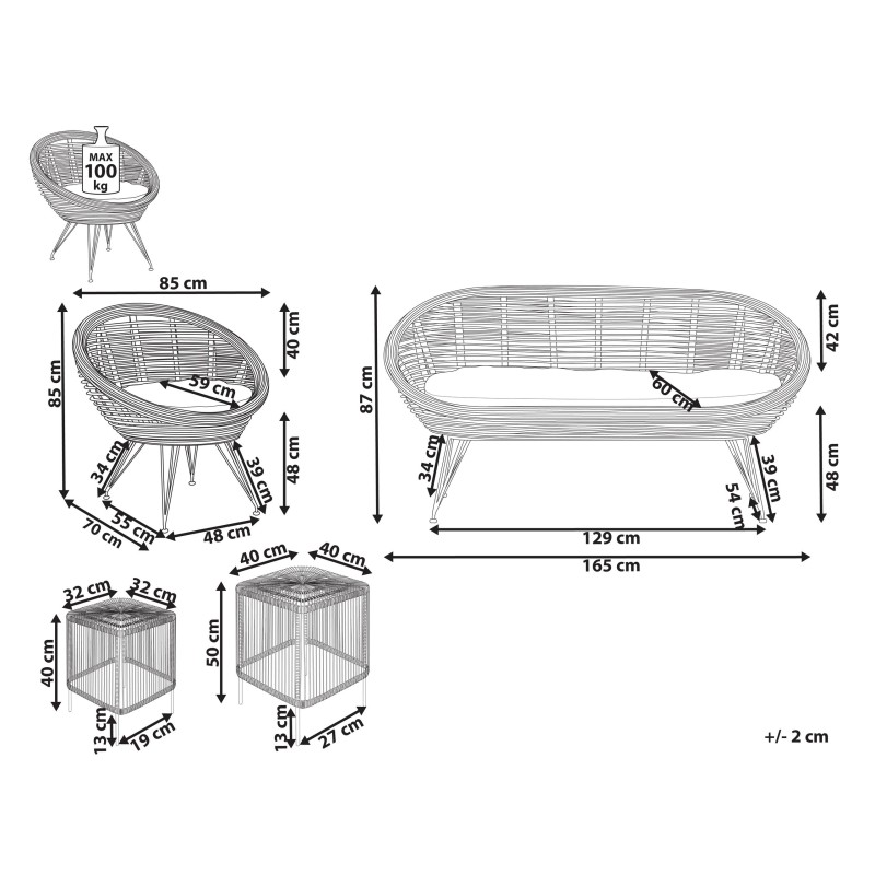Zestaw ogrodowy ze stolikiem dla 3 osób MARATEA/CESENATICO Rattan Naturalny