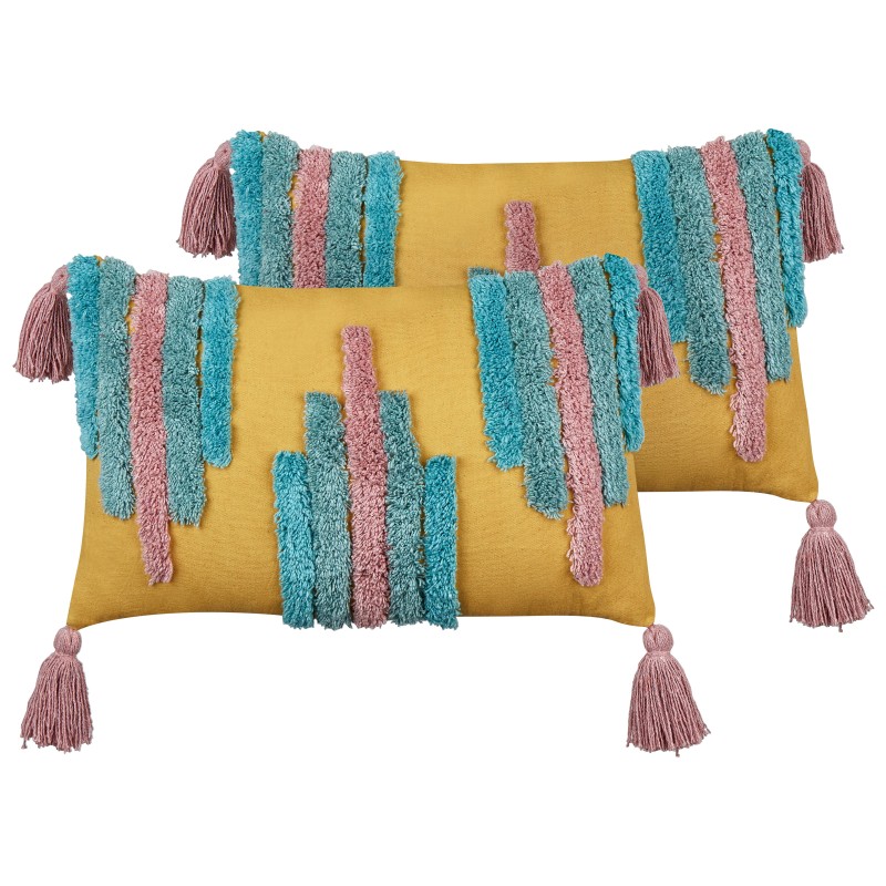 2 bawełniane poduszki dekoracyjne tuftowane z frędzlami 30 x 50 cm wielokolorowe DIJKOT