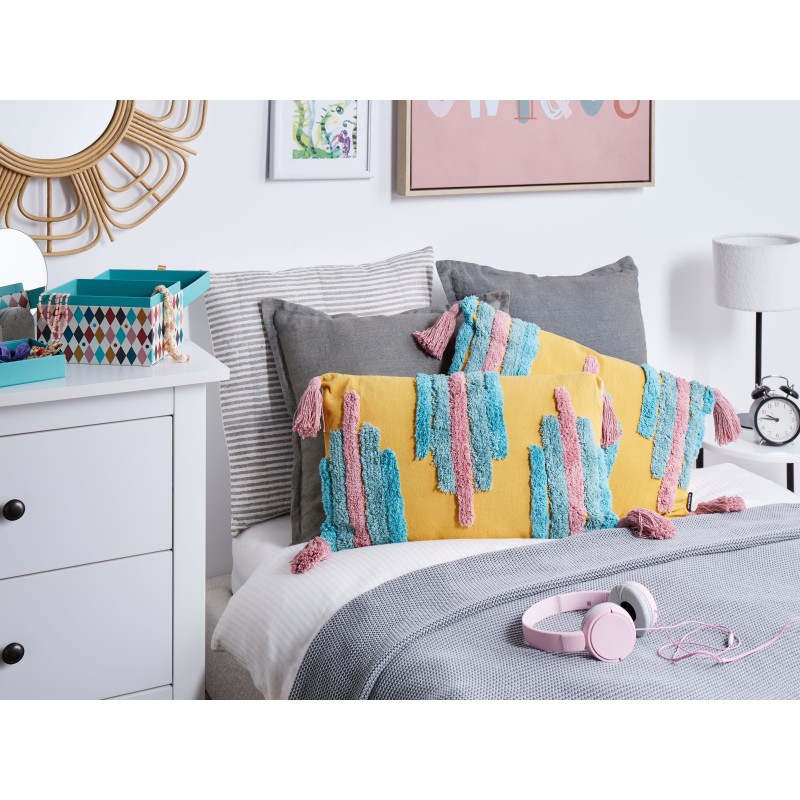 2 bawełniane poduszki dekoracyjne tuftowane z frędzlami 30 x 50 cm wielokolorowe DIJKOT