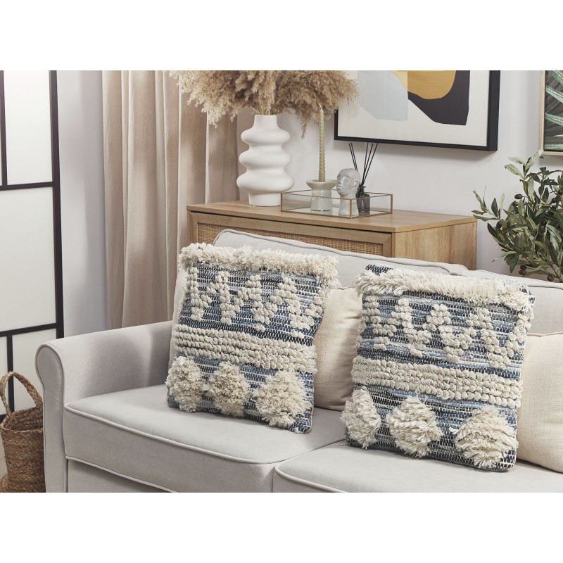 Zestaw 2 poduszek dekoracyjnych EYTELIA Boucle 45 x 45 cm Niebieski Wzór geometryczny